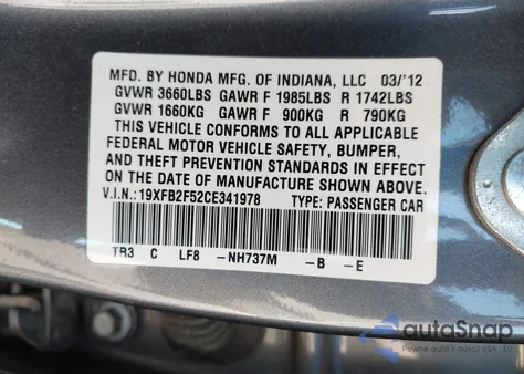 2012 Honda Civic Lx from USA, damaged, VIN 19XFB2F52CE341978